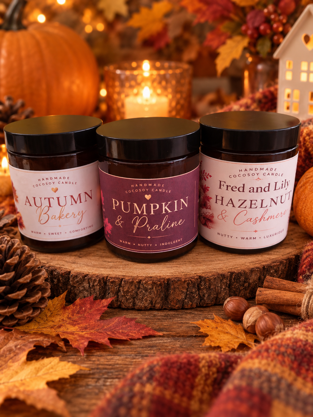 Three scented candles in glass jars with black lids are arranged on a wooden slice with autumn props including pumpkins, fall leaves, acorns, cinnamon sticks, and a small house lantern. The labels read Autumn Bakery, Pumpkin & Praline, and Fred and Lily Hazelnut & Cashmere.